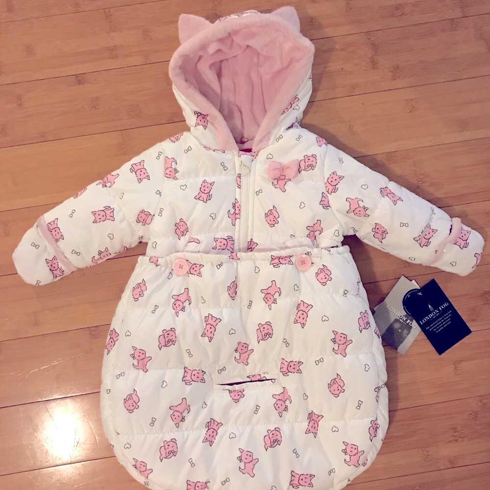 NWT London Fog Infant Puffer Carbag/Pram Snowsuit Bunting (0/6M, Pink/White)